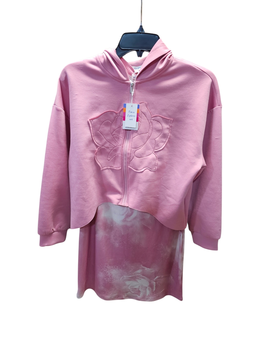 Pink Hooded Zip-Up Sweatshirt with Floral Stitch Detail